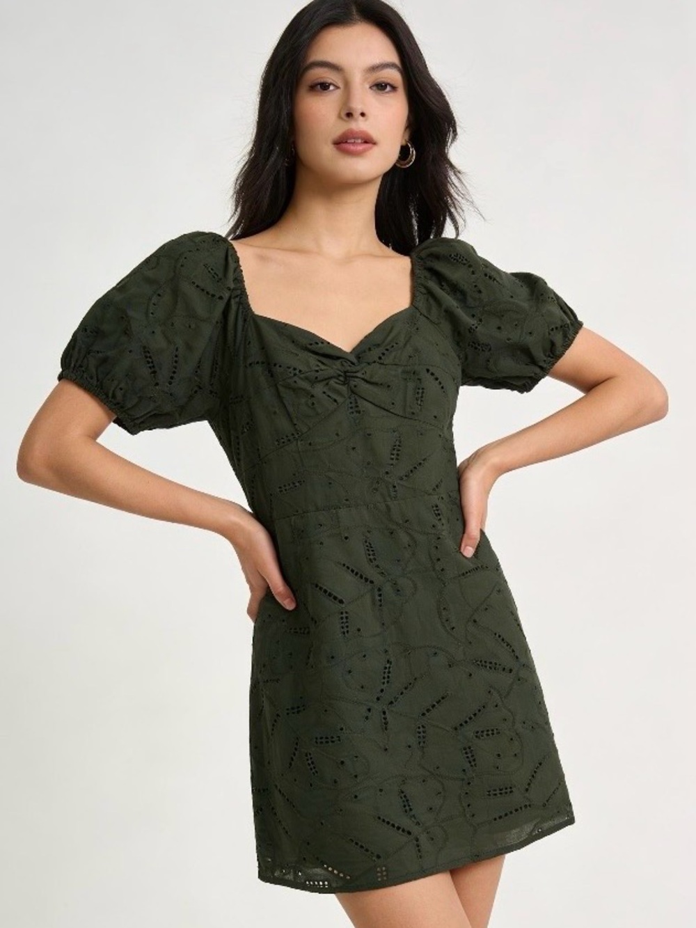 LC Lauren Conrad Petites Eyelet Mini Dress Puff Sleeve Olive Green Size PM NWT - Picture 3 of 10